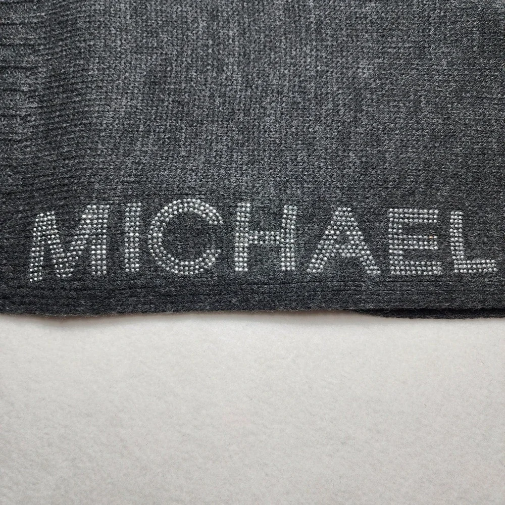 Michael Kors Gray Knit Scarf Embellished Logo Winter Soft Warm Long Shawl Wrap